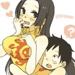  1girl black_eyes black_hair blush boa_hancock earrings embarrassed height_difference hug jewelry long_hair monkey_d_luffy one_piece scar yukke 