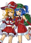  backpack bag bare_shoulders blonde_hair bloomers blue_eyes blue_hair blush_stickers braid christmas elbow_gloves fang gloves hair_bobbles hair_ornament hakurei_reimu hand_on_hip hat kawashiro_nitori key kingin kirisame_marisa locked_arms multiple_girls one_eye_closed open_mouth round_teeth sack santa_costume smile sparkle teeth touhou twintails two_side_up underwear witch_hat yellow_eyes 