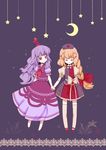  alternate_hair_color blonde_hair bow braid closed_eyes crescent_moon dress hair_bow hair_ribbon happy hat holding_hands kamishirasawa_keine long_hair moon multiple_girls no_nose purple_eyes purple_hair ribbon s.advent short_sleeves smile star thighhighs touhou white_legwear yagokoro_eirin 