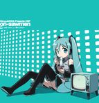  album_cover cover eating food hatsune_miku kanzaki_hiro legs long_hair noodles skirt solo television thighhighs twintails very_long_hair vocaloid 