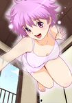  barefoot blush breasts camisole cleavage downblouse dress feet floating ghost glowing happy indoors itoshi_no_kana kana_(itoshi_no_kana) light_particles medium_breasts open_mouth outstretched_arms purple_eyes purple_hair solo sparkle spread_arms tanaka_yutaka window 