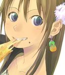  biting blue_eyes brown_hair close-up collarbone earrings eating face food grin holding_pizza jewelry looking_at_viewer mole mole_under_mouth original parted_lips pizza pom_pom_(clothes) portrait smile solo yoshito 