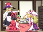  ^_^ animal_ears apron black_hair blonde_hair bow braid brown_hair cat_ears chen chopsticks closed_eyes detached_sleeves earrings food frills hair_bow hakurei_reimu half_updo hat jewelry kirisame_marisa kotatsu long_hair multiple_girls nabe open_mouth ribbon sack santa_hat short_hair sitting sweatdrop table touhou witch_hat yakumo_ran yakumo_yukari yellow_eyes yuuki_keisuke 