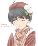  antenna_hair black_hair christmas closed_eyes hat idolmaster idolmaster_(classic) kikuchi_makoto multicolored multicolored_clothes multicolored_scarf nekopuchi scarf short_hair smile solo 