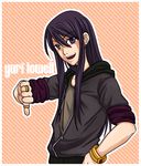  artist_request black_hair character_name long_hair male_focus purple_eyes solo tales_of_(series) tales_of_vesperia thumbs_down yuri_lowell 