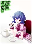  blue_hair cup highres no_hat no_headwear red_eyes remilia_scarlet short_hair sitting smile solo tama_(speedgrapher) tea teacup teapot touhou wrist_cuffs 