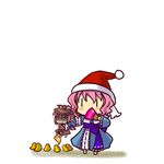  bird chibi chick covering_mouth fan flag folding_fan hat minigirl multiple_girls mystia_lorelei pink_hair saigyouji_yuyuko santa_hat shaded_face simple_background socha touhou |_| 