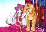  blush bridal_gauntlets brown_hair choker detached_sleeves flower hakurei_reimu jewelry pendant petals red_eyes sitting smile solo soukuu_kizuna tiger touhou 