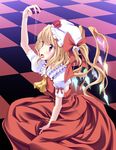 arm_up ascot between_legs blonde_hair bow checkered checkered_floor flandre_scarlet flower hand_between_legs hat hat_bow hat_flower highres ina_(inadahime) oouso open_mouth perspective red_eyes ribbon saliva saliva_trail short_hair side_ponytail sitting skirt skirt_set solo tongue tongue_out touhou wings 