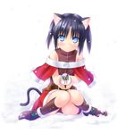  animal_ears black_hair blue_eyes cat_ears cat_tail gift highres holding holding_gift na-ga original sitting snow solo tail twintails 