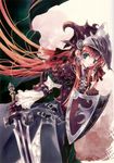  armor armored_dress blue_eyes copyright_request frills helmet highres knight long_hair medieval red_hair shield solo sumi_keiichi sword weapon 