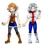  ascot bad_id bad_pixiv_id belt boots brown_eyes brown_hair earrings elite_four holding holding_poke_ball jewelry kikuko_(pokemon) kikuno_(pokemon) matanonki multiple_girls pantyhose parody poke_ball poke_ball_(generic) pokemon silver_eyes silver_hair skirt smile style_parody sugimori_ken_(style) watch wristwatch younger 