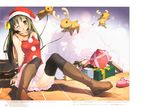  bare_shoulders black_legwear blush boots christmas fallen_down gift hat highres kantoku knee_boots long_hair one_eye_closed original panties pantyshot pantyshot_(sitting) reindeer sack santa_costume santa_hat scarf sitting solo thighhighs underwear white_panties yellow_eyes 