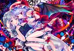  bat_wings blue_eyes braid flower garter_straps izayoi_sakuya maid multiple_girls panties purple_hair red_eyes remilia_scarlet rose short_hair silver_hair tears teruru thighhighs touhou twin_braids underwear wings 