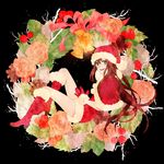  bad_id bad_pixiv_id bell boots brown_hair capelet christmas flower gloves hat legs long_hair nagi_kanami original santa_costume santa_hat smile solo wreath 