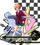  absurdres blazer boxcutter checkered checkered_background drawing_tablet eraser green_eyes highres jacket legs mechanical_pencil naito open_mouth orange_hair original pencil ruler school_uniform shoes short_hair skirt solo stylus tombow_mono usb 