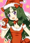  anyamal_tantei_kirumin_zoo blush christmas elbow_gloves gloves green_hair hat long_hair mikogami_nagisa open_mouth purple_eyes red_gloves ribbon santa_costume santa_hat solo tank_(artist) 