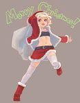  blonde_hair blue_eyes christmas hat lowres midriff original sack santa_costume santa_hat short_hair simple_background solo thighhighs weno zettai_ryouiki 