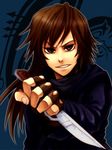  428 bow brown_hair canaan character_request empty_eyes fingerless_gloves foreshortening gloves hair_bow knife long_hair long_sleeves red_eyes rex_k smirk solo 