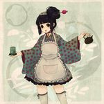  apron bad_id bad_pixiv_id black_hair cup green_eyes hair_bun hair_ornament japanese_clothes kimono maid_headdress mizutamako open_mouth original solo teacup teapot thighhighs zettai_ryouiki 