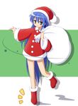  blue_hair boots green_eyes hat izumi_konata long_hair lucky_star md5_mismatch mel_(melty_pot) mole mole_under_eye sack santa_costume santa_hat solo 