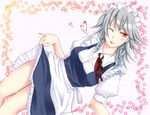  braid chiyosuke_(nosuke21) izayoi_sakuya maid one_eye_closed ribbon short_hair silver_hair solo tongue touhou twin_braids 