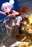  2girls armpits bare_shoulders black_hair blood brown_hair cape copyright_request fire flying holding_on hover_board injury long_hair moon multiple_girls rescue s_zenith_lee short_hair thighhighs town white_hair 