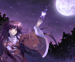  brown_hair bug butterfly forest full_moon glowing houraisan_kaguya insect long_hair mauve moon nature night night_sky outstretched_arm red_eyes sky solo tears touhou tree very_long_hair wind 