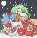  bad_id bad_pixiv_id blue_eyes blue_hair bow christmas cirno ex-keine fujiwara_no_mokou green_hair hair_bow hair_ribbon highres horns kamishirasawa_keine kooricha long_hair multiple_girls red_eyes ribbon santa_costume short_hair silver_hair tail touhou wings 