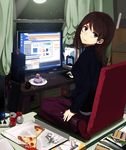  bad_id bad_pixiv_id book box brown_eyes brown_hair cactus cake can cardboard_box coca-cola computer cup drinking_glass food fork indoors internet keyboard_(computer) looking_back messy_room monitor mouse_(computer) mousepad night night_sky notepad original pants pixiv pizza plant potted_plant sasamori_tomoe sitting sky snow solo sweater track_pants wariza window window_(computing) windows 