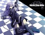  boots chain checkered fingerless_gloves german glasses gloves long_hair lying noguchi original ranguage solo thigh_boots thighhighs zettai_ryouiki 