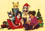  3boys :&lt; beard black_eyes black_hair blonde_hair blue_eyes blue_hair christmas christmas_tree dog facial_hair flynn_scifo gift gloves go_(uzo-muzo) horns judith long_hair midriff multiple_boys pointy_ears ponytail purple_eyes raven_(tales) repede santa_costume smile tales_of_(series) tales_of_vesperia yuri_lowell 