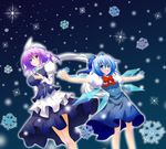  blue_eyes blue_hair bow breasts cirno dress hair_bow hat large_breasts letty_whiterock multiple_girls osashin_(osada) outstretched_arms purple_eyes purple_hair scarf short_hair snowflakes snowing spread_arms touhou white_scarf wings 