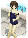  aoc_cannon blush brown_eyes brown_hair frame one-piece_swimsuit original pool pool_ladder poolside school_swimsuit shadow short_hair solo strap_slip swimsuit weeds wet 
