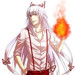  bow fire fujiwara_no_mokou genderswap genderswap_(ftm) hair_bow hair_ribbon kebin long_hair male_focus red_eyes ribbon shirt simple_background sleeves_rolled_up smirk solo suspenders touhou white_hair white_shirt 