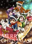  allelujah_haptism black_hair brown_eyes brown_hair christmas closed_eyes gundam gundam_00 hallelujah_haptism hara_sae hat lockon_stratos multiple_boys purple_hair sack santa_costume santa_hat setsuna_f_seiei short_hair sleigh tieria_erde 