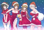  boots breasts brown_eyes brown_hair christmas cleavage detached_sleeves dress earrings fingerless_gloves from_behind gloves hat hime_cut jewelry large_breasts long_hair looking_back multiple_girls necklace pantyhose sakutarou santa_costume santa_hat short_hair side_slit silver_hair takizaking thighhighs umineko_no_naku_koro_ni ushiromiya_eva ushiromiya_kyrie ushiromiya_natsuhi ushiromiya_rosa white_legwear zettai_ryouiki 