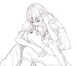 couple fujiwara_no_mokou greyscale hands kamishirasawa_keine konton long_hair monochrome multiple_girls suspenders touhou yuri 