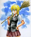  alternate_costume blonde_hair blue_eyes braid broom casual contemporary grin hand_on_hip kirisame_marisa looking_at_viewer no_hat no_headwear pageratta skirt smile solo touhou traditional_media vest watercolor_(medium) 