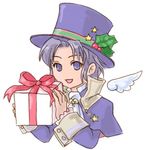  blue_hair christmas frederic_chopin fuju gift hat holding holding_gift holly lowres male_focus solo top_hat trusty_bell white_background wings 
