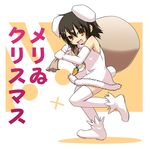  animal_ears brown_eyes brown_hair bunny_ears elbow_gloves fang gloves inaba_tewi noya_makoto short_hair solo tail thighhighs touhou 