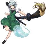  bad_id bad_pixiv_id black_hairband bow bowtie foreshortening full_body ghost green_eyes hairband hands highres katana konpaku_youmu konpaku_youmu_(ghost) outstretched_arm pirano short_hair silver_hair solo standing standing_on_one_leg sword touhou transparent_background weapon 