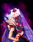  1girl abane_reizei breasts cleavage daemon_bride fingernails flower hair_flower hair_ornament horns kiske leg_hold lucifer_(daemon_bride) medium_breasts nail_polish red_eyes red_nails ribbon see-through short_hair smile thighs underboob white_hair 