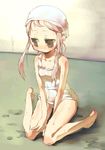  bad_id bad_pixiv_id barefoot blush copyright_request flat_chest long_hair one-piece_swimsuit pink_hair poth school_swimsuit sitting solo swimsuit thighs wariza wet white_school_swimsuit white_swimsuit yellow_eyes 