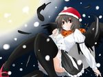  bad_id bad_pixiv_id black_legwear breasts brown_hair feathers hat looking_at_viewer medium_breasts moon red_eyes santa_hat scarf shameimaru_aya shibata_morisoba snow solo thighhighs touhou wings zettai_ryouiki 