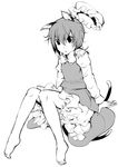  animal_ears barefoot bow cat_ears chen claws earrings feet frills full_body greyscale hat hat_removed headwear_removed jewelry monochrome multiple_tails pageratta simple_background sitting solo tail touhou 
