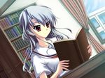  a_flow bad_id bad_pixiv_id blue_hair book bookshelf highres library original reading red_eyes school_uniform solo window 