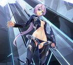  blue_eyes center_opening copyright_request from_below groin long_hair looking_down navel purple_hair solo thighhighs yahako 