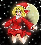  blonde_hair blush breasts covered_nipples fang hat large_breasts misora_soranoiro moon outstretched_arms red_eyes rumia santa_costume santa_hat short_hair snow solo spread_arms touhou 