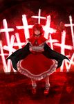  akizawa_aki bad_id bad_pixiv_id cape capelet cross crossed_arms faux_traditional_media frilled_skirt frills full_body loafers long_sleeves looking_at_viewer okazaki_yumemi red_background red_capelet red_eyes red_hair shoes skirt skirt_set smile solo standing touhou touhou_(pc-98) 